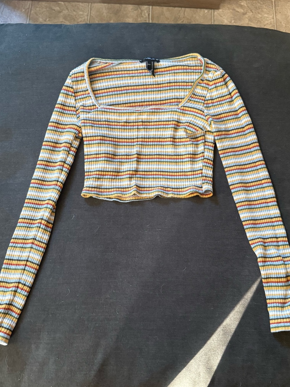 Striped Square-Neck Long Sleeve Crop Top by